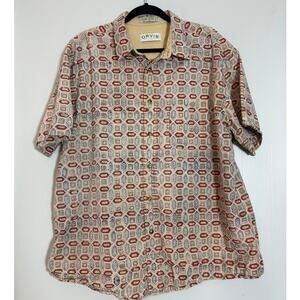 Orvis Mens XL Tan Red Geometric Pattern‎ Short Sleeve Button Front Cotton Shirt